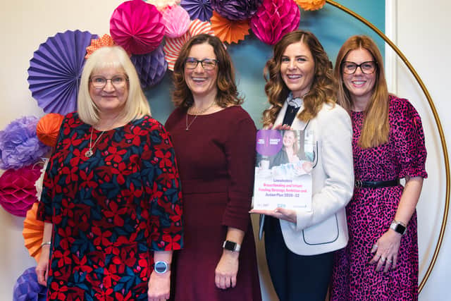 Coun Natalie Oliver (second from right) and breastfeeding services leaders and the new strategy. Photo: LCC