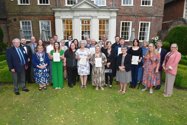 Dudley Bryant, of Civic Group of the Boston Preservation Trust, and Coun Helen Staples, Mayor of Boston, at Fydell House with the award-winners.