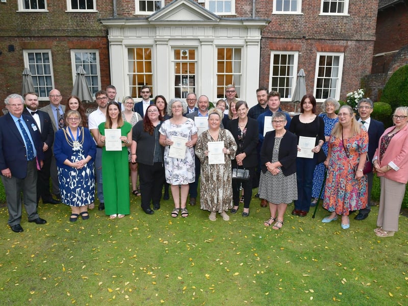 Dudley Bryant, of Civic Group of the Boston Preservation Trust, and Coun Helen Staples, Mayor of Boston, at Fydell House with the award-winners.