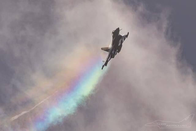 Steve Raper's stunning capture of a rainbow vapour trail from an RAF Typhoon jet over Lincolnshire.