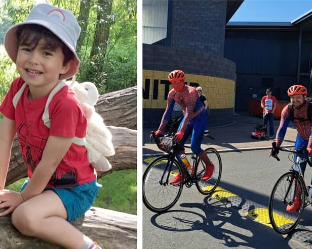LEFT: Elliott Peto, who inspired the fundraiser. RIGHT: Elliott's dad Chris and uncle Gareth Elwick (right), during the ride.