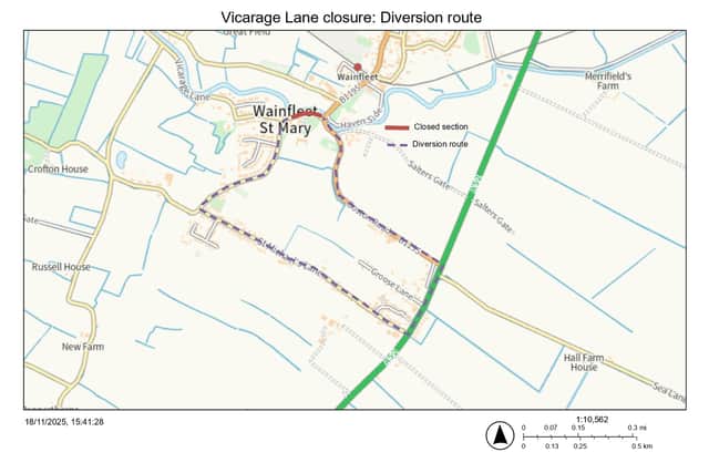The diversion route for the Vicarage Lane closure in Wainfleet St Mary.