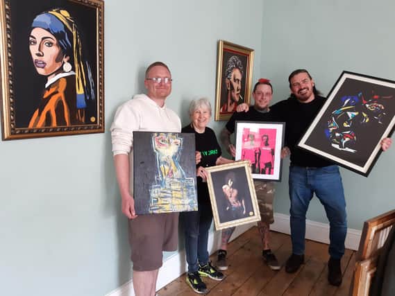 Pictured at the Priory Hotel with some of the art work, Sam Evardson, Priory volunteer Estelle Coupland, NTKO Gallery co-owner Matt Lodge and Paul Hugill.