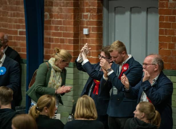 New Labour Councillor Joshua Wells celebrates his victory in Minster Ward. Photo: Steve Smailes for The Lincolnite