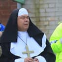 Supporting a footballing tradition as well as Boston United, Sir Jonathan Van-Tam, dressed as a nun, for the Pilgrim's last away game of the season. Picture: Oliver Atkin