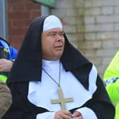 Supporting a footballing tradition as well as Boston United, Sir Jonathan Van-Tam, dressed as a nun, for the Pilgrim's last away game of the season. Picture: Oliver Atkin