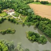 An aerial view of the property and its grounds.