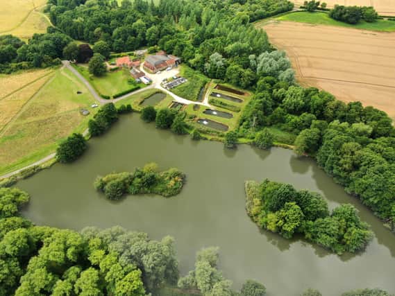 An aerial view of the property and its grounds.