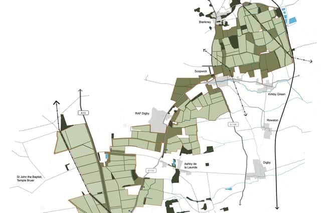 The layout of where the solar farm is proposed to be installed between Metheringham and Ashby de la Launde.
