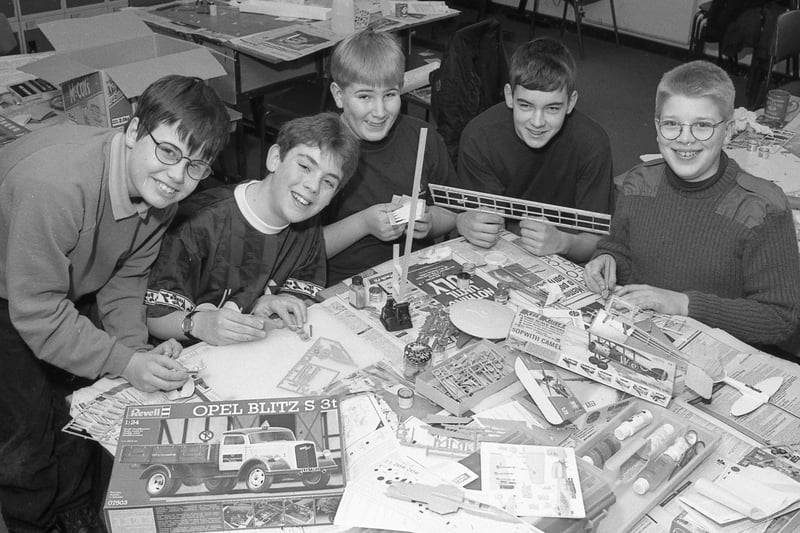 Chris Flannery, Robin Long, Robert Simpson, Thomas Smalley and Ian Standen from Boston Grammar School making models.