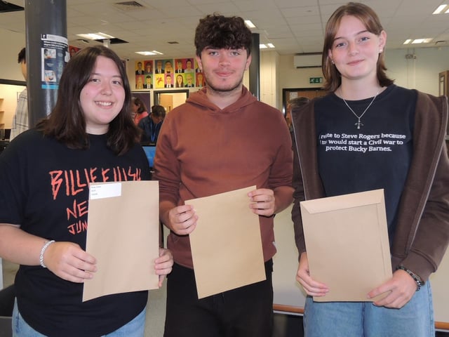 L-R Ruby Eaton is going to Coventry University to study product design; Henry Dakin is going to Lincoln University to study forensic science; and Hannah Crooks will go to Hartpury University in Gloucestershire to become a veterinary nurse.