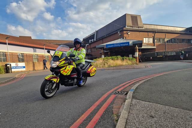 Blood biker Ian Newton Brown leaving Lincoln County on a run to Barnsley NHS Blood and Transplant Centre