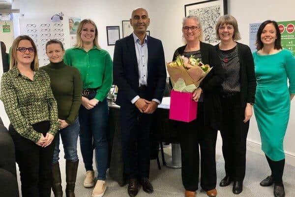 The Lunettes Opticians team including Emma Robinson (third from right) upon being surprised with her gifts.