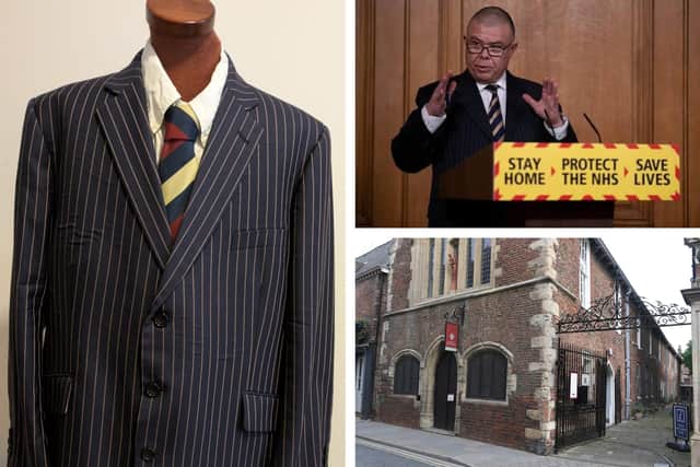 The donation made by Sir Prof Jonathan Van-Tam to Boston Guildhall Museum (bottom right) and an example of its time on TV (top right).