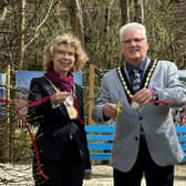 City Mayor of Bad Gandersheim Franziska Schwar and Mayor of Skegness Coun Tony Tye cutting the ribbon of the beach garden.