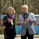 City Mayor of Bad Gandersheim Franziska Schwar and Mayor of Skegness Coun Tony Tye cutting the ribbon of the beach garden.