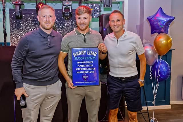 Manager Chris Funnell, award winner Harry Limb and assistant manager Lori Borbely - photo (c) Steve Davies