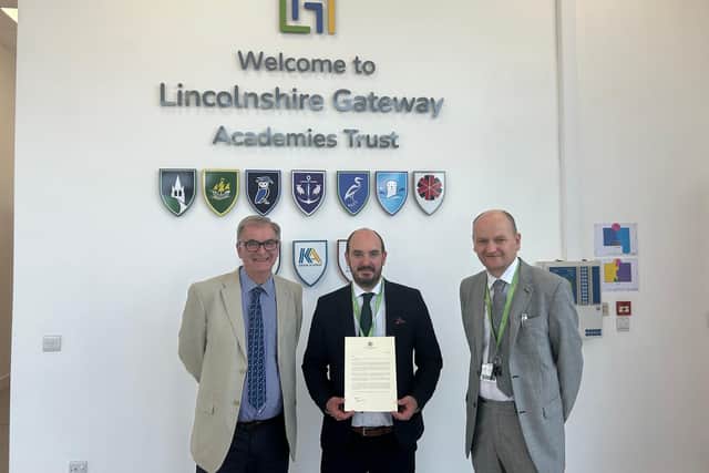 Principal Joe Hermiston with the letter from Sir Kier Starmer and chair of the board of Lincolnshire Gateway Academies Trust Philip Bond (left) and its Chief Executive Officer Martin Brown.