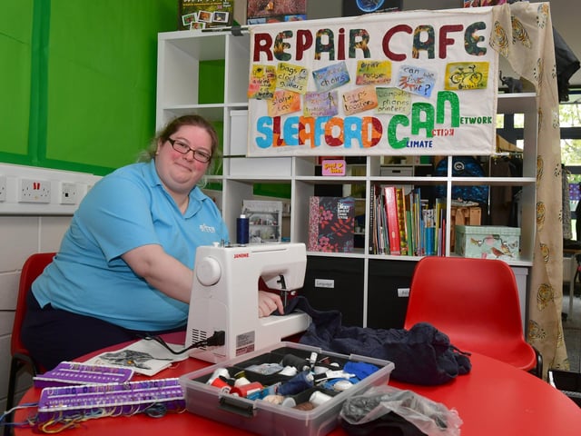 Stephanie Pleasance of the Repair Cafe, part of Sleaford Climate Action Network at Church Lane School's Eco Village.