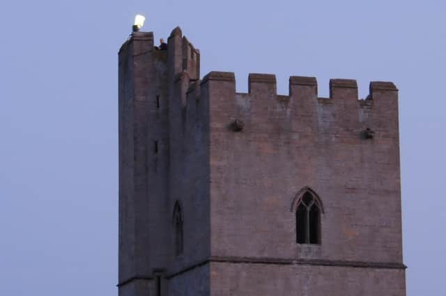 The jubilee beacon lights up on South Kyme Tower on Thursday evening as part of the start of celebrations. Villagers gathered for Pimms in the church yard ahead of the event.