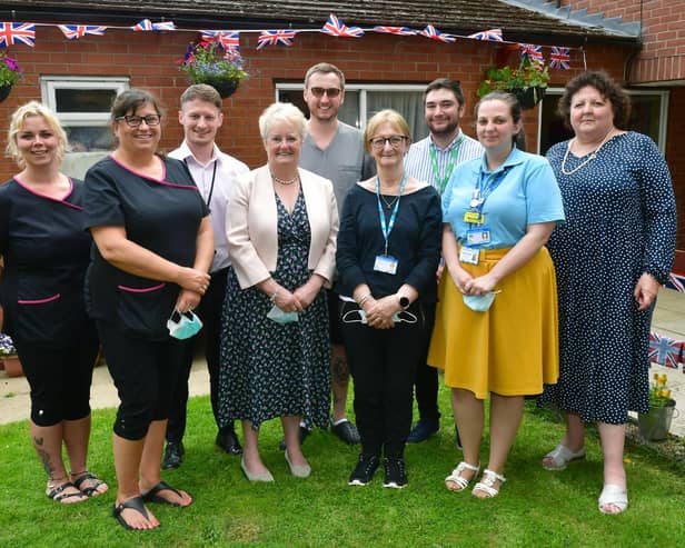 From left - Laura Cook - deputy manager, at Ashdene care home Jilly Hunt - manager, Aaron Bradnam - of LCC, Melanie Weatherley - chairman of LinCA, , Luke McCarthy - management assistant, Anne Chafer - Senior Clinical Research Practitioner, Sam Beckett - policy advisor for the Department of Health and Social Care, Rachel Fothergill - Clinical Research Practitioner, and Deborah Sturdy - England's chief nurse for adult social care.