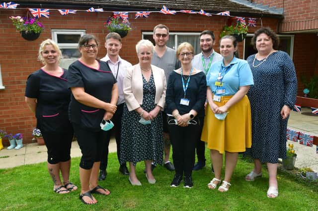 From left - Laura Cook - deputy manager, at Ashdene care home Jilly Hunt - manager, Aaron Bradnam - of LCC, Melanie Weatherley - chairman of LinCA, , Luke McCarthy - management assistant, Anne Chafer - Senior Clinical Research Practitioner, Sam Beckett - policy advisor for the Department of Health and Social Care, Rachel Fothergill - Clinical Research Practitioner, and Deborah Sturdy - England's chief nurse for adult social care.