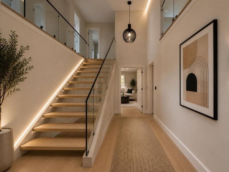 The stairs, with sitting room in the distance.