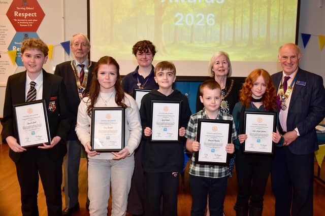 L-R James Ball, Peter Cunningham, Erin Banks, Olivia Neasham, Jack Hall, Thomas Rhodes, Mayor of Sleaford Alison Snookes, Skye-Leigh Dalton and Keith Phillips.