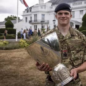 The UK's champion Army cadet, 17-year-old Heber Murtagh, of the Horncastle detachment, with his trophy.