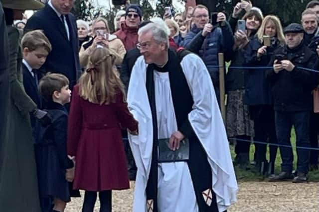 Reverend Canon Dr Paul Rhys Williams meets the Prince and Princess of Wales and their children Prince George, Princess Charlotte and Prince Louis.