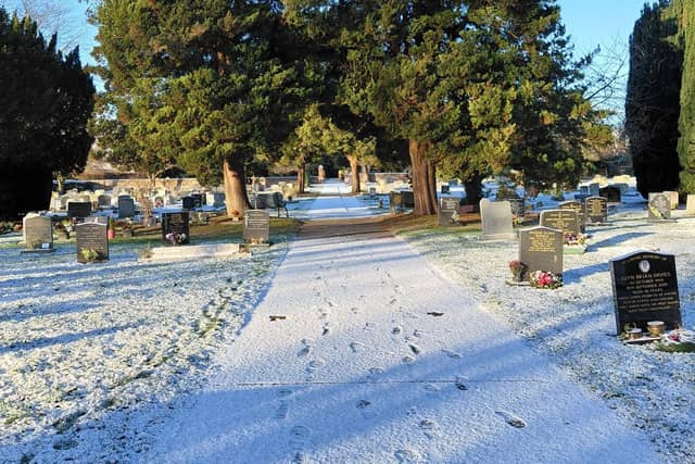 Spilsby cemetery in the snow, by Nikki Lamb.
