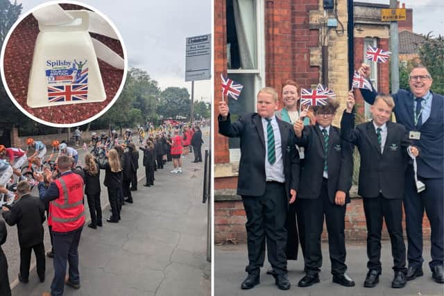 KEVI pupils and staff cheer on the Tour of Britain cyclists as they passed through Spilsby. Inset: the cow bells awarded to pupils who were inspired to write about the experience.