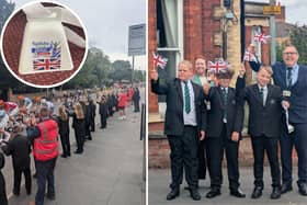 KEVI pupils and staff cheer on the Tour of Britain cyclists as they passed through Spilsby. Inset: the cow bells awarded to pupils who were inspired to write about the experience.