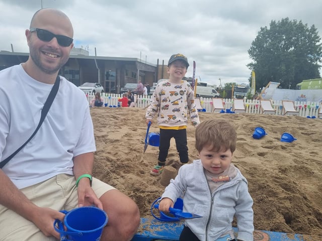 Tom Thacker at the beach at Lincolnshire Show with Rupert 3 and Rafferty 2
