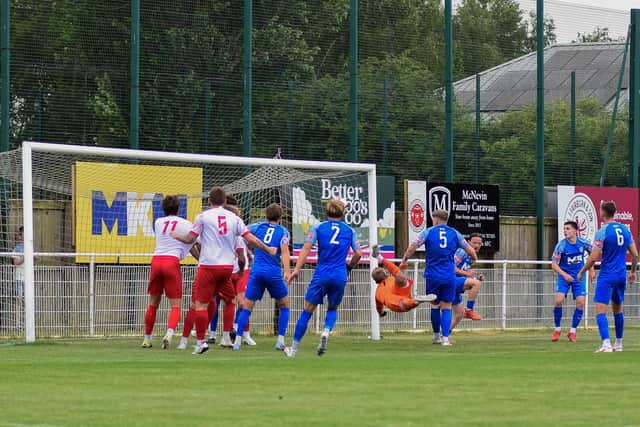Macauley Parker's corner curls straight into the Corby net on Saturday. Photo by Ryan Thompson, Happy Snapz Photography.