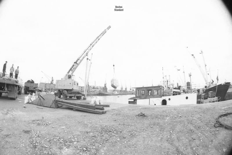 A crane at work in Boston Docks.