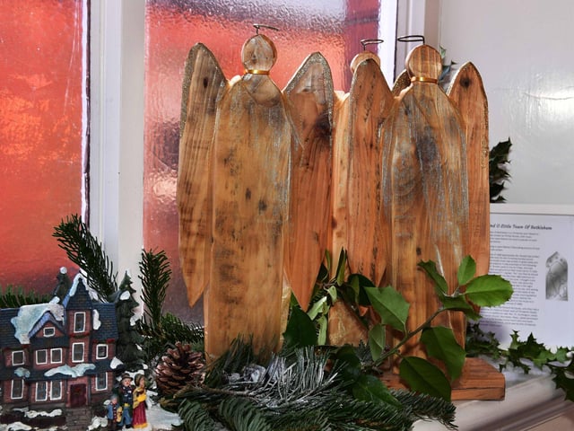 Angels carved by the Wainfleet Men's Shed on dislay at the Methodist Church.