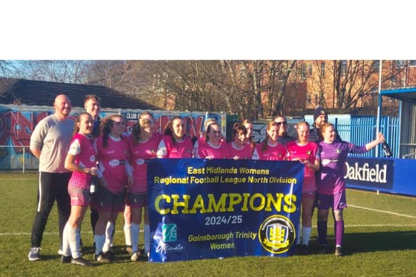 Title winning Gainsborough Trinity Ladies celebrate winning the title away at Sherwood