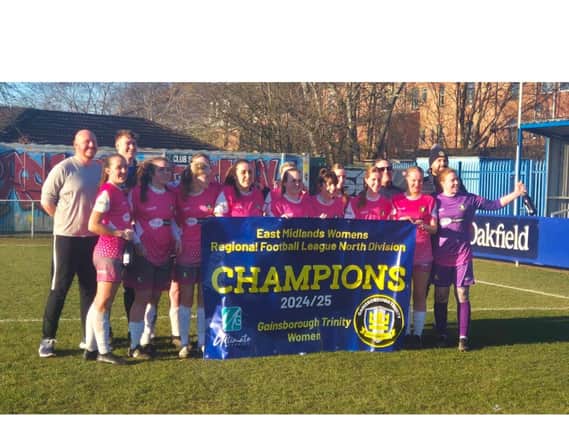 Title winning Gainsborough Trinity Ladies celebrate winning the title away at Sherwood