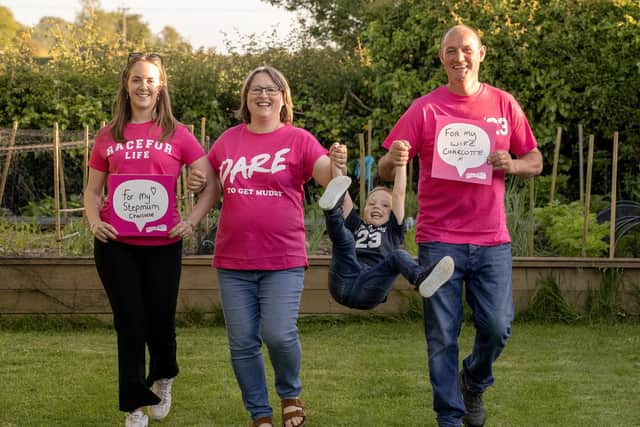 Charlotte Graves (centre) with step-daughter Shannon (left), son Charlie, 4, and husband Paul.