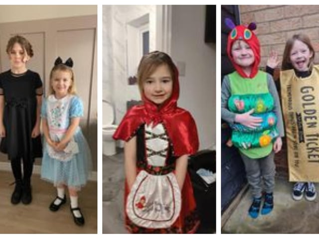 Amelia 10 as Wednesday and Paisley 5 as Alice in Wonderland, from Sleaford; Esme 5 of William Alvey School, Sleaford as Little Red Riding Hood; Nancy Garwell aged 6 and Jesse Garwell aged 4, from Sleaford.