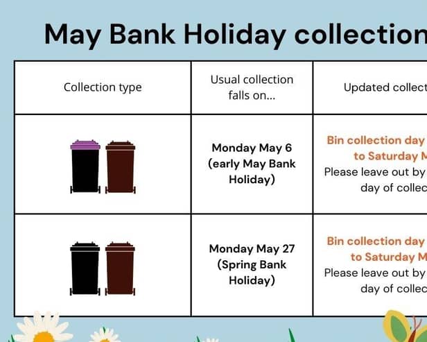A table showing the amended bin collection dates for North Kesteven across both May Bank Holidays