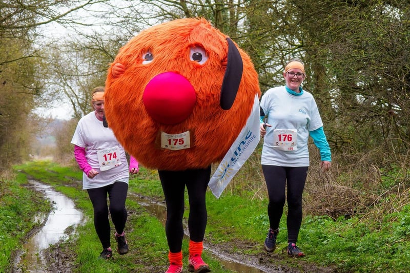 Paul Bagshaw running the fun run dressed in a giant orange costume to raise funds for Shine Lincolnshire.