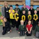 Back to 'Good. Heckington St Andrew's C of E Primary School staff and pupils celebrating their return to a 'Good' Ofsted rating. Headteacher Judith Bentley is pictured right and early years teacher, Vikki Bontoft is on the left. Photo supplied.