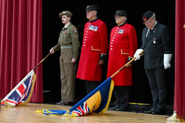 A remembrance ceremony was also held at the concert. L-R Toby Grooby in period uniform, Chelsea pensioners Norman Bareham and Cliff Belsey, along with Martin Cox from Sleaford branch of the British Legion. Photo: David Dawson
