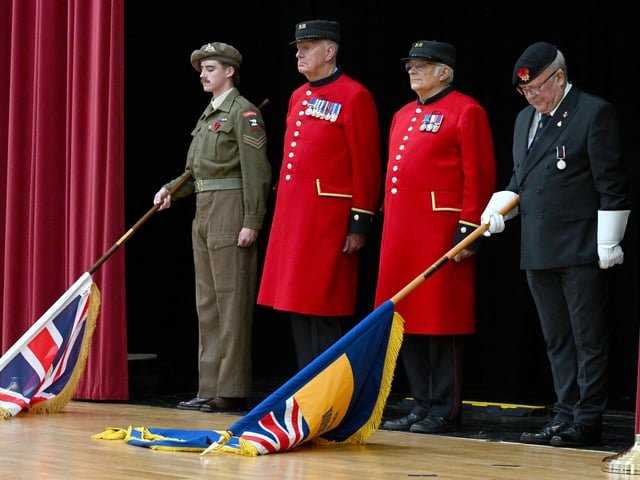 A remembrance ceremony was also held at the concert. L-R Toby Grooby in period uniform, Chelsea pensioners Norman Bareham and Cliff Belsey, along with Martin Cox from Sleaford branch of the British Legion. Photo: David Dawson