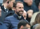 England manager Gareth Southgate takes his seat for the English Premier League football match between Newcastle United and Aston Villa at St James' Park in Newcastle-upon-Tyne, north east England on October 29, 2022. (Photo by LINDSEY PARNABY/AFP via Getty Images)