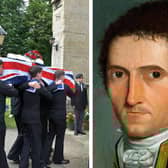 Cpt Matthew Flinders' coffin is carried into the Church of St Mary and the Holy Rood, Donington, and a portrait of Cpt Flinders (Picture: HS2).