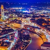 The aerial shot of Boston town centre at night by Dean's Aerial Photography.