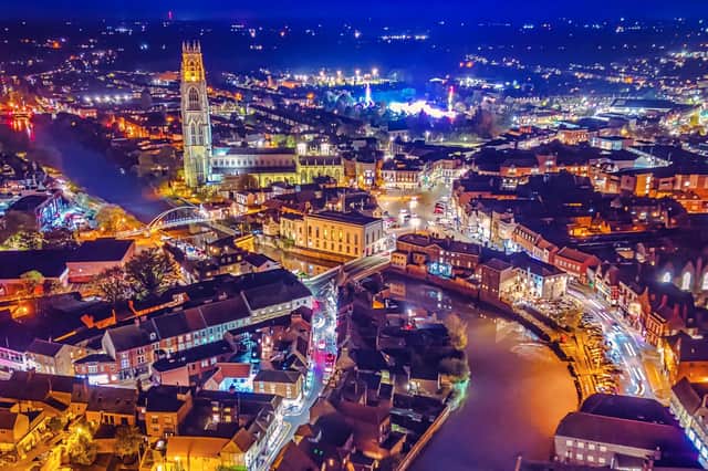 The aerial shot of Boston town centre at night by Dean's Aerial Photography.